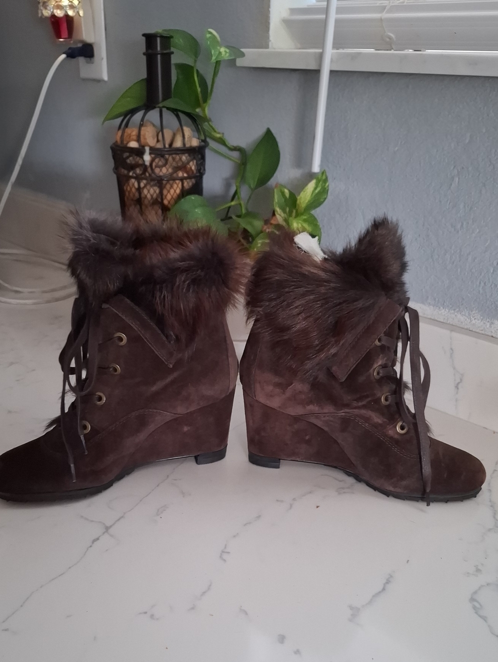 Stuart Weitzman Dark Brown Suede Lace-Up Fur Trim Boots